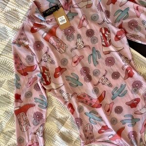 **Sheer!!! Cute Printed Long-Sleeve Bodysuit**